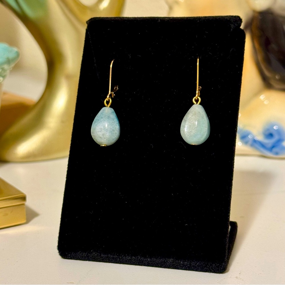 Blue Chalcedony and Gold Leaver Back Drop Dangle Earrings Natural Stones - Picture 4 of 7